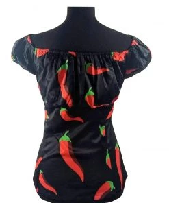 Glitz Glam And Rebellion Women's Apparel Pinup Peasant Top In Chile Pepper Print
