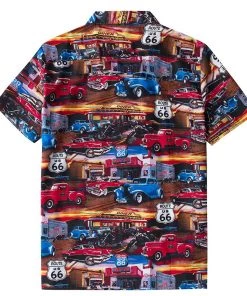 Glitz Glam And Rebellion Men's Bowling Shirt In Route 66 Classic Car Print Men's Apparel