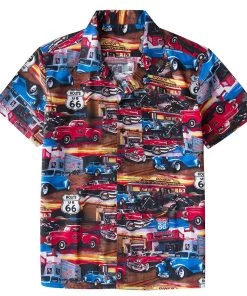 Glitz Glam And Rebellion Men's Bowling Shirt In Route 66 Classic Car Print Men's Apparel