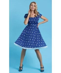 Dolly & Dotty Claudia Swing Dress In Blue With White Dots