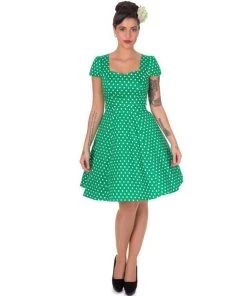 Dolly & Dotty Claudia Swing Dress In Green With White Dots Women's Apparel