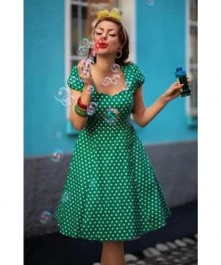 Dolly & Dotty Claudia Swing Dress In Green With White Dots Women's Apparel
