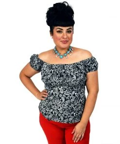 Glitz Glam And Rebellion Women's Apparel Pinup Peasant Blouse In Black Paisley