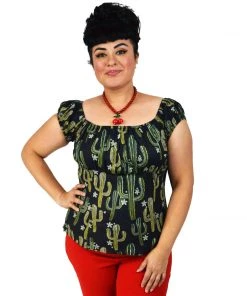 Glitz Glam And Rebellion Pinup Peasant Top In Cactus Print Women's Apparel