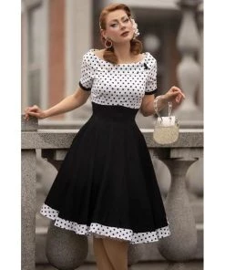 Dolly & Dotty Darlene Dress In White With Black Polka Dots