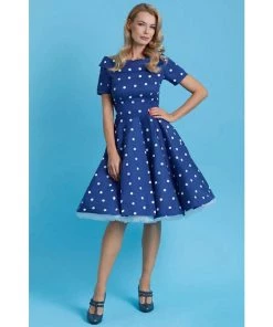 Dolly & Dotty Darlene Dress In Navy Blue With White Polka Dots