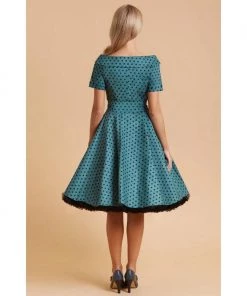 Dolly & Dotty Darlene Dress In Dark Green With Black Polka Dots
