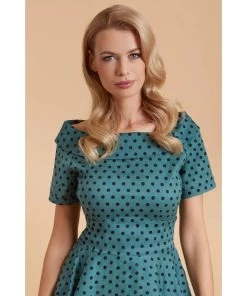 Dolly & Dotty Darlene Dress In Dark Green With Black Polka Dots