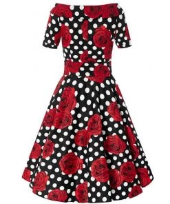 Dolly & Dotty Darlene Dress In Black With White Polka Dots And Roses