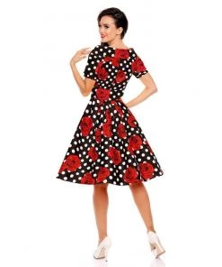 Dolly & Dotty Darlene Dress In Black With White Polka Dots And Roses