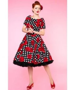 Dolly & Dotty Darlene Dress In Black With White Polka Dots And Roses