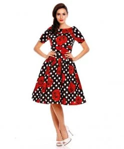 Dolly & Dotty Darlene Dress In Black With White Polka Dots And Roses