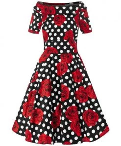 Dolly & Dotty Darlene Dress In Black With White Polka Dots And Roses