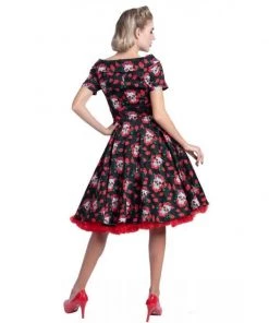 Dolly & Dotty Darlene Dress In Rockabilly Skulls & Roses Print Women's Apparel