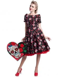 Dolly & Dotty Darlene Dress In Rockabilly Skulls & Roses Print Women's Apparel