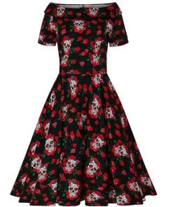 Dolly & Dotty Darlene Dress In Rockabilly Skulls & Roses Print Women's Apparel