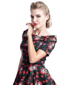 Dolly & Dotty Darlene Dress In Rockabilly Skulls & Roses Print Women's Apparel