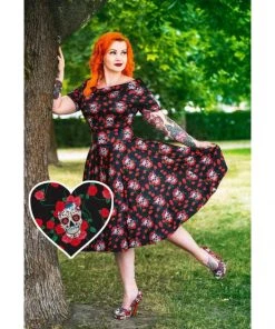 Dolly & Dotty Darlene Dress In Rockabilly Skulls & Roses Print Women's Apparel