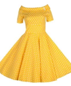 Dolly & Dotty Darlene Dress In Yellow With White Polka Dots Women's Apparel