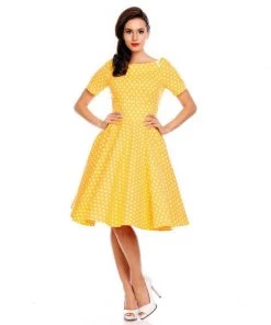 Dolly & Dotty Darlene Dress In Yellow With White Polka Dots Women's Apparel