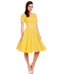 Dolly & Dotty Darlene Dress In Yellow With White Polka Dots Women's Apparel