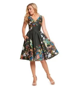 Eva Rose V-Neck Swing Dress In Exotic Florals Print Women's Apparel