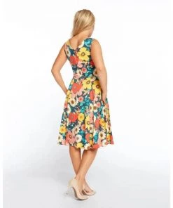 Eva Rose V-Neck Swing Dress In Flower Power Print Women's Apparel