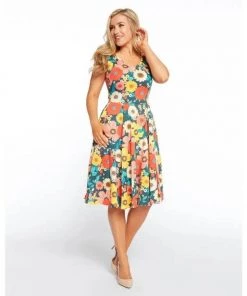 Eva Rose V-Neck Swing Dress In Flower Power Print Women's Apparel