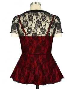 ChicStar Sweetheart Lace Overlay Top In Black & Red Women's Apparel