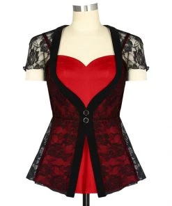 ChicStar Sweetheart Lace Overlay Top In Black & Red Women's Apparel