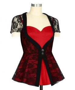 ChicStar Sweetheart Lace Overlay Top In Black & Red Women's Apparel