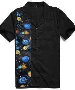 Glitz Glam And Rebellion Men's Bowling Shirt In Black With Galaxy Panel