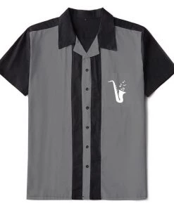 Glitz Glam And Rebellion Men's Bowling Shirt In Gray With Saxophone Pocket Men's Apparel