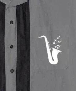 Glitz Glam And Rebellion Men's Bowling Shirt In Gray With Saxophone Pocket Men's Apparel