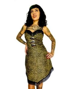 Women's Apparel Switchblade Stiletto Dolly Concho Fringe Dress In Green Leopard
