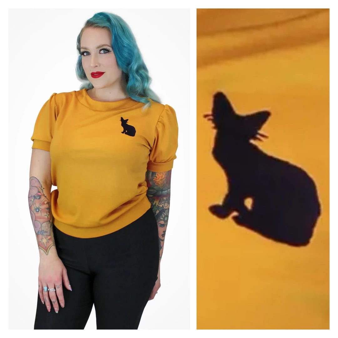 Women's Apparel Hemet Pinup Pullover Top In Mustard With Kitty 3 Women's Apparel Hemet Pinup Pullover Top In Mustard With Kitty