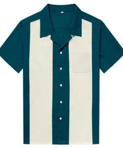 Glitz Glam And Rebellion Men's Apparel GGR Men's Bowling Shirt In Turquoise With Ivory Panels