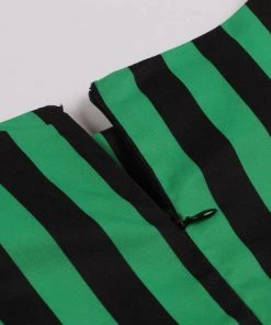 Glitz Glam And Rebellion Green And Black Striped Vintage Cotton Pleated Swing Dress Women's Apparel