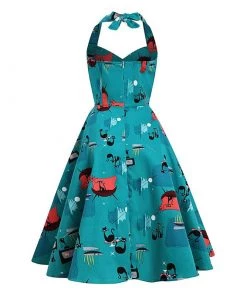 Glitz Glam And Rebellion Turquoise Mid Century Kitty Swing Dress Women's Apparel