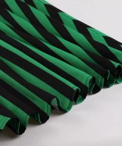 Glitz Glam And Rebellion Green And Black Striped Vintage Cotton Pleated Swing Dress Women's Apparel