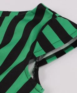 Glitz Glam And Rebellion Green And Black Striped Vintage Cotton Pleated Swing Dress Women's Apparel