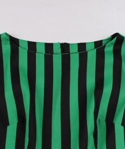 Glitz Glam And Rebellion Green And Black Striped Vintage Cotton Pleated Swing Dress Women's Apparel