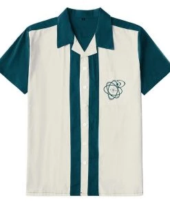 Glitz Glam And Rebellion Men's Atomic Bowling Shirt In Dark Green And Beige Men's Apparel