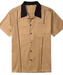 Glitz Glam And Rebellion Men's Bowling Shirt In Tan And Brown Men's Apparel