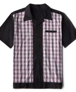 Glitz Glam And Rebellion Men's Bowling Shirt In Black With Red Plaid Panels