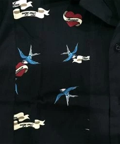 Glitz Glam And Rebellion Men's Bowling Shirt In Black With Swallow Print Panel Men's Apparel