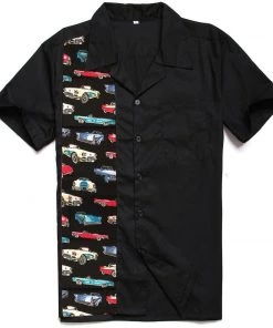 Glitz Glam And Rebellion Men's Apparel Men's Bowling Shirt In Black With Hotrod Panel