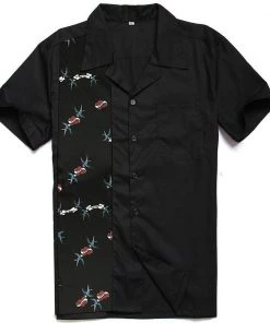 Glitz Glam And Rebellion Men's Bowling Shirt In Black With Swallow Print Panel Men's Apparel
