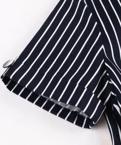 Glitz Glam And Rebellion Women's Apparel Striped Navy Blue Button Front Dress