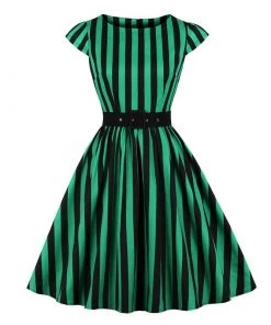 Glitz Glam And Rebellion Green And Black Striped Vintage Cotton Pleated Swing Dress Women's Apparel